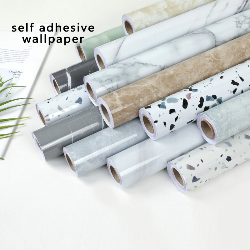 自己接着大理石Pvc壁紙防水高温耐性キッチンキャビネットバスルームシンクデスクトップステッカー家具改修ティアアンドペーストホームデコレーションアルミフォイルウォールステッカー