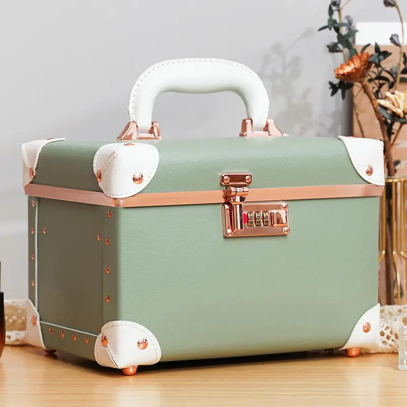 Tragbare Retro-Passwort-Make-up-Box-Aufbewahrung, große Kapazität, doppelter Lederkoffer, niedliche koreanische Version, Kosmetik-Gepäcktasche