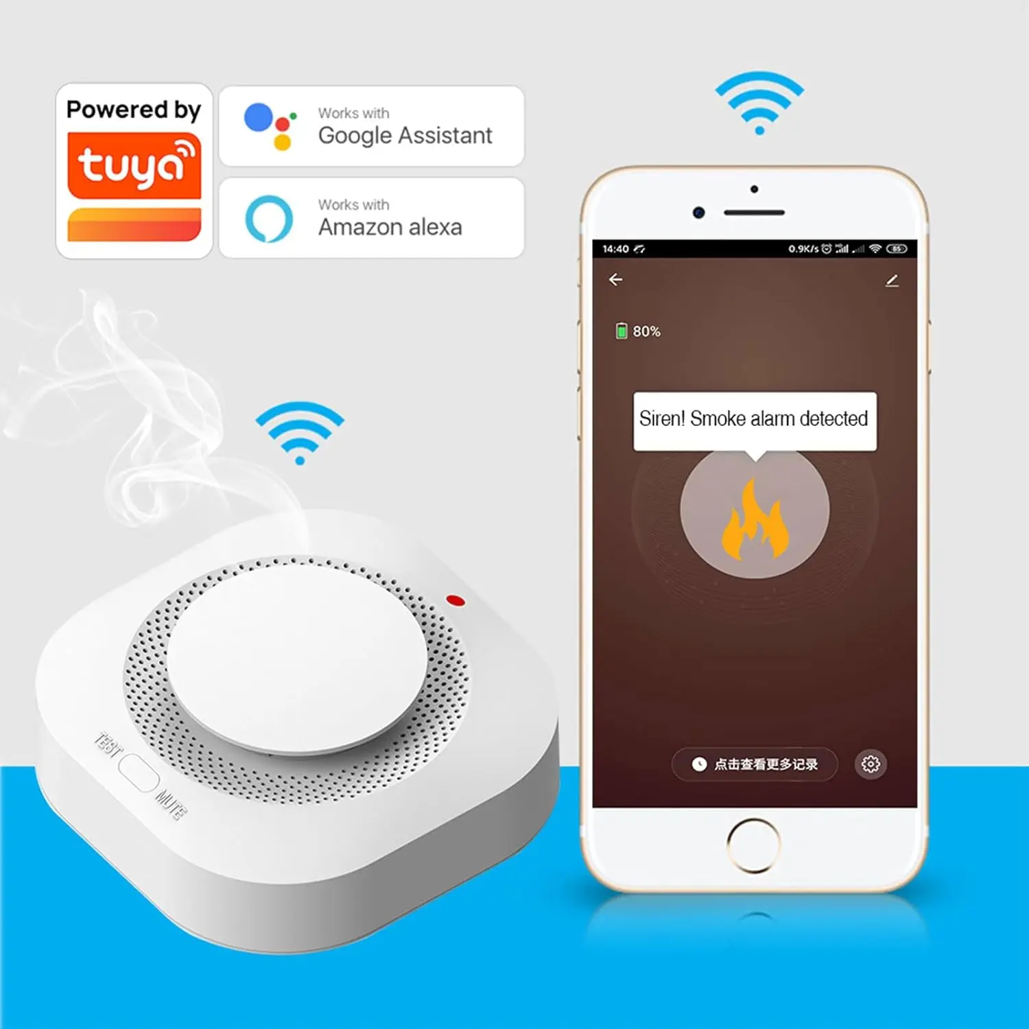 Allarme antincendio con rilevatore di fumo intelligente con batteria sostituibile, rilevatore di fumo Wi-Fi, notifiche di app in tempo reale
