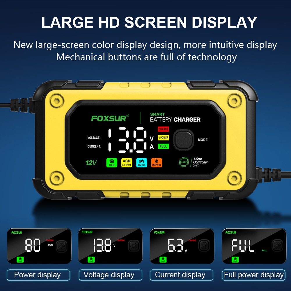 新しい FOXSUR ユニバーサル修理車のバッテリー充電器 12V 7A インテリジェント修理オートバイ充電器鉛酸 LiFePO4 バッテリー