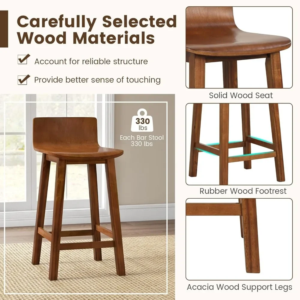24.5" Bar Stools Set of 4, Counter Height Bar Stools w/Low Back & Footrest, Farmhouse Wooden Bar Dining Chairs, Armless Wood