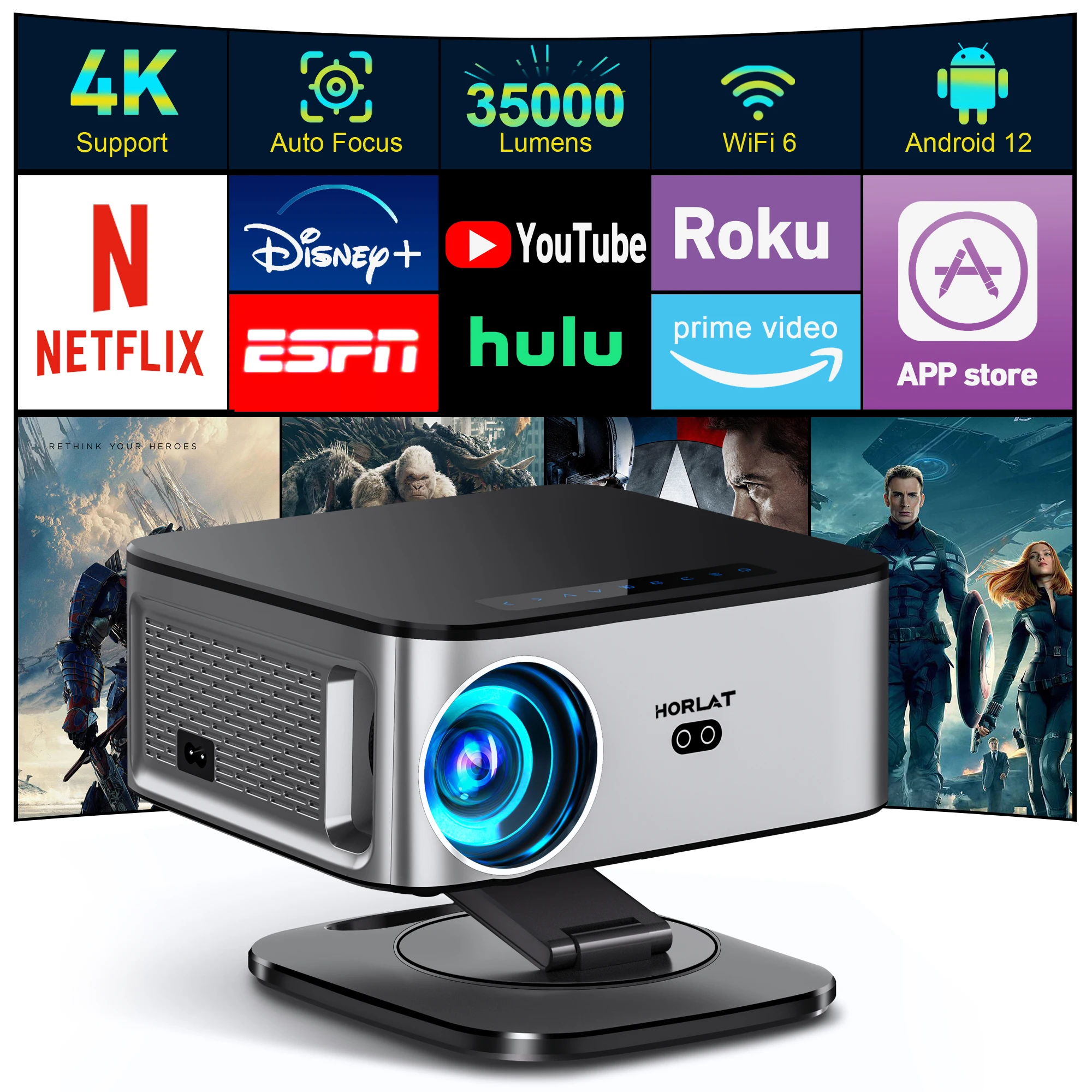 Horlat 4k projetor de vídeo wifi 6 bluetooth 5.1 1100ansi foco automático 6d keystone projetor ao ar livre portátil projetor de vídeo doméstico