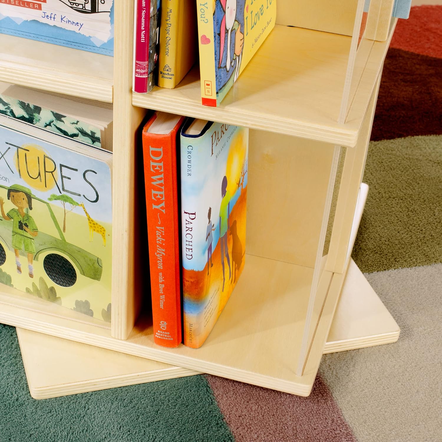 EdQ Rotating Book Display - Birch: Spinning Plywood Storage Bookshelf with Acrylic Windows for Kids Classroom, Playroom,