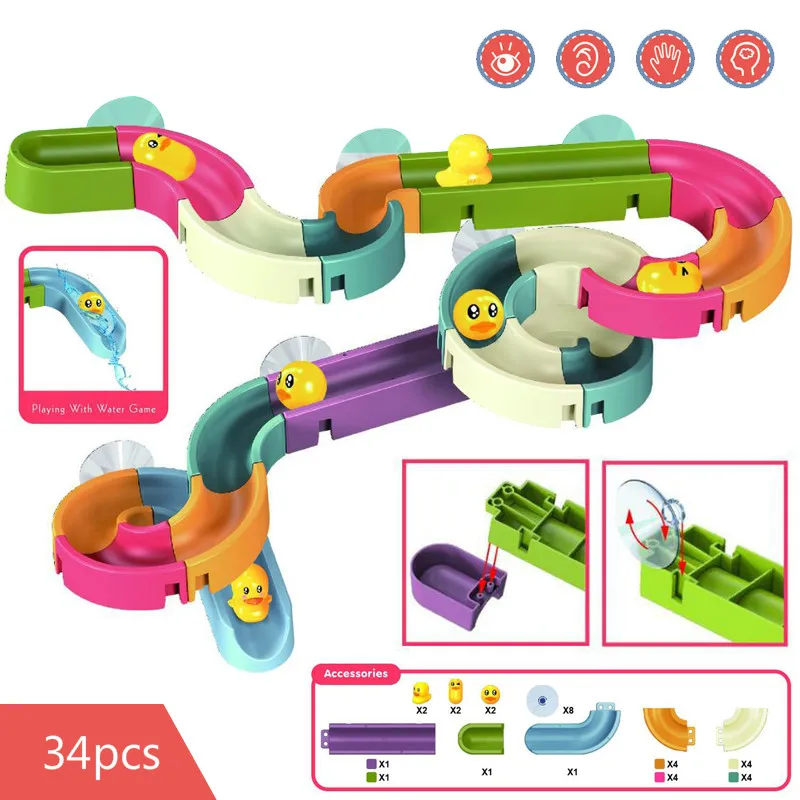 ของเล่นห้องน้ำ S เด็กห้องน้ำเป็ด DIY Track อ่างอาบน้ำเด็กเล่นเกมน้ำเครื่องมืออาบน้ำกำแพงดูดชุดของเล่นห้องน้ำสำหรับเด็ก