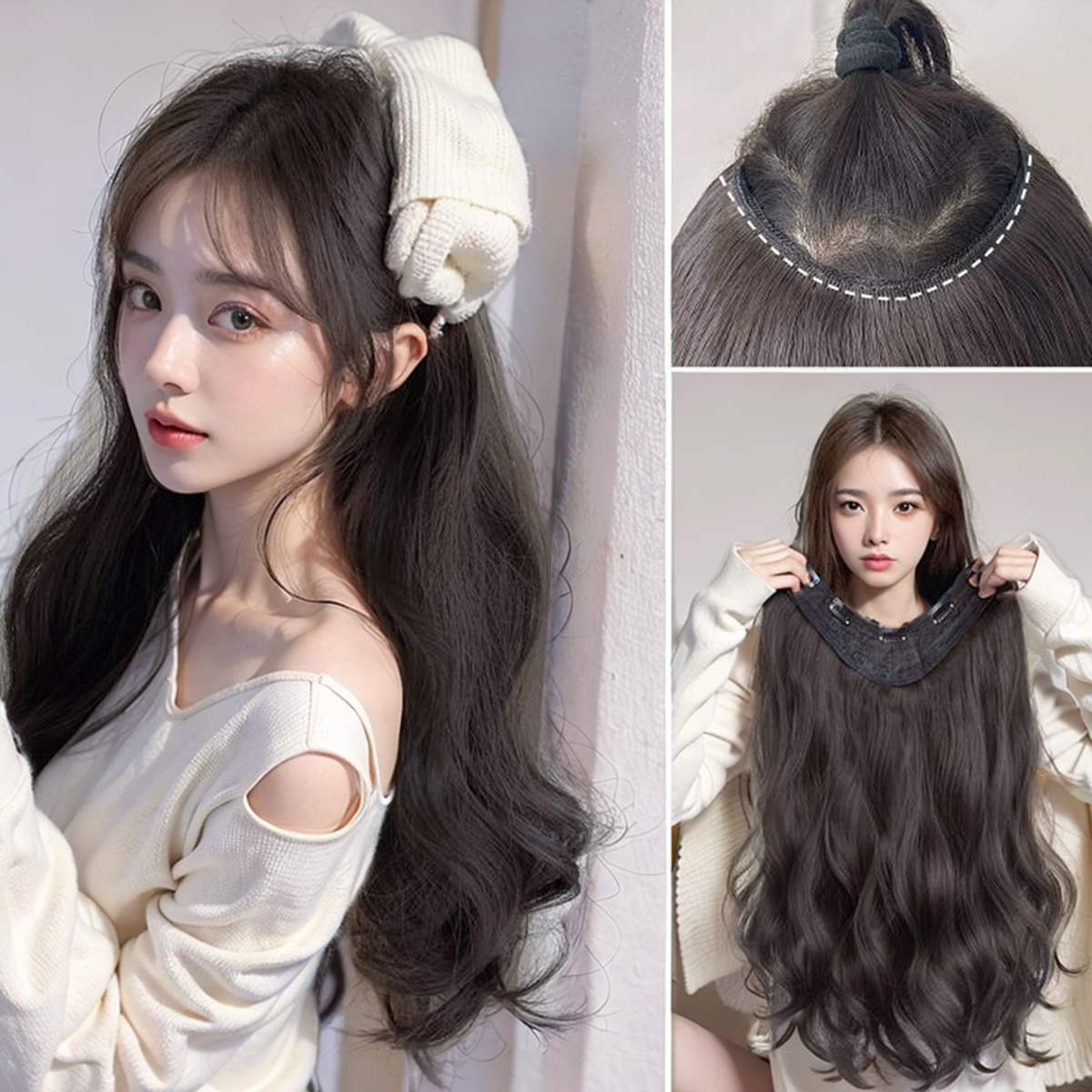 Natuurlijk synthetisch V-vormig golvend haarverlengstuk omringt het pruikstuk Sandwiched Het haar van de vrouw Krullende haaraccessoires