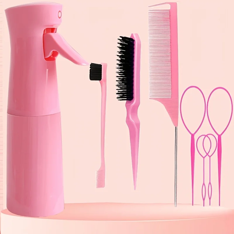 Ensemble de coiffure 8 pièces, flacon pulvérisateur de 6,76 oz et brosse à cheveux en nylon, peigne à queue de souris, brosse à cheveux de contrôle des bords et outil de queue de cheveux