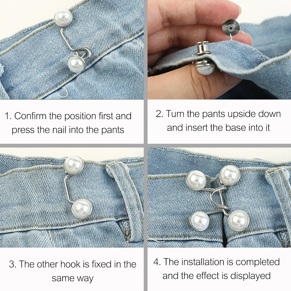 1 Juego de hebilla de cintura para pantalones vaqueros con perlas, broches ajustables sin clavos, botón de sujeción, tensor de cintura desmontable, herramientas de costura DIY para el hogar