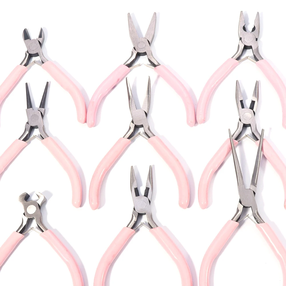 ポータブルピンクカラーステンレス鋼プライヤーツールセットラウンドノーズ切断ワイヤープライヤーキット手芸ビーズ DIY ジュエリーメイキング