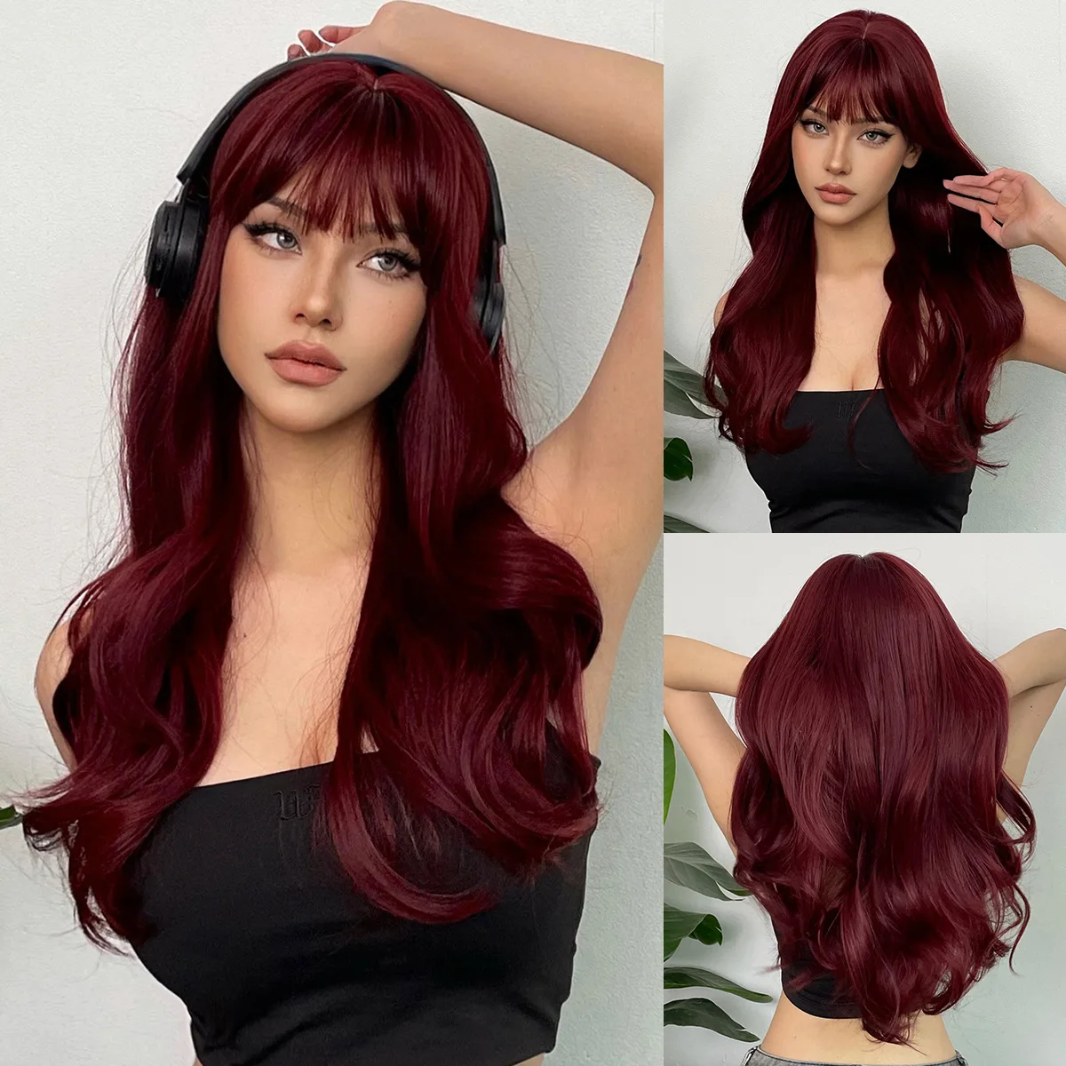 Nueva peluca sintética de color rojo vino con flequillo, ondas grandes, pelo largo y rizado, peluca para vacaciones diarias, cubierta completa para la cabeza de seda de alta temperatura
