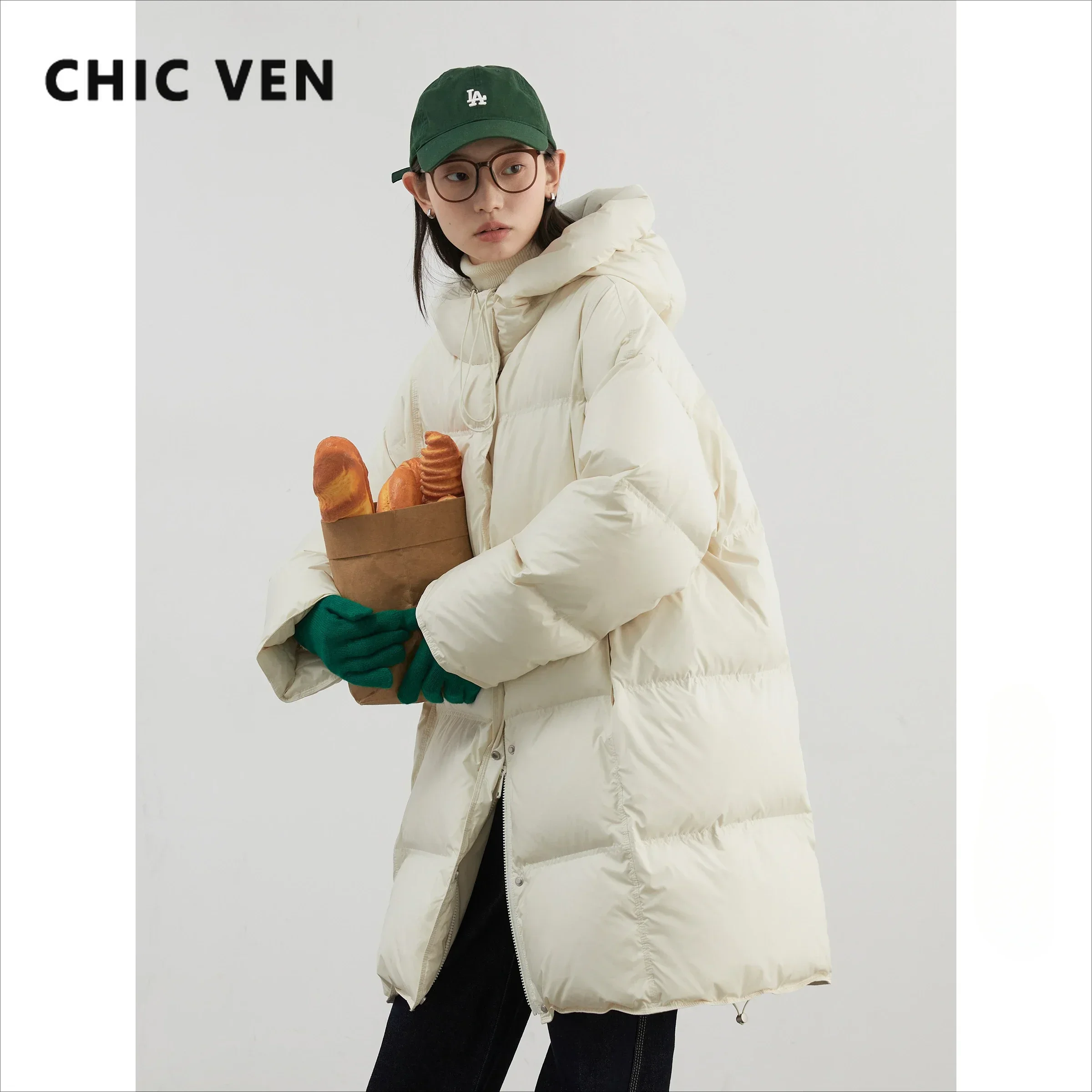 CHIC VEN Damen-Daunenmäntel, lose neue 90er weiße Entendaunenjacke, mittellang, mit Kapuze, weibliche Daunenjacke, Herbst-Winter 2024