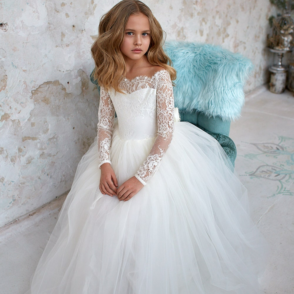 Robe de demoiselle d'honneur bohème à manches longues personnalisée, tulle, blanc ivoire, nœud en dentelle, robe de première communion pour filles, robe de demoiselle d'honneur junior