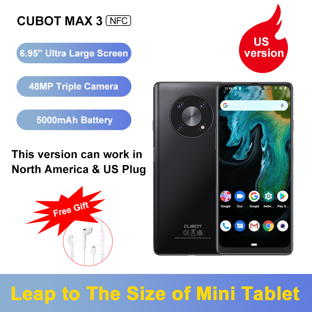 Cubot Max 3 Smartphone(2021), Pantalla Completa grande de 6,95",Dual 4G SIM,batería masiva de 5000mAh, 4GB de RAM y 64GB de Memoria Interna Ampliable 256GB,Android 11 Teléfono Móvil,cámara con 48MP, NFC, GPS, GLONASS