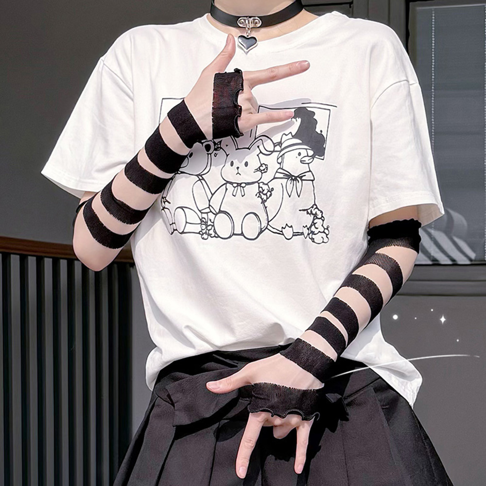 女性用フィンガーレスグローブ、レトロ包帯、腕の袖、黒と白、y2kパーソナリティ、オーバースリーブ、JKロリータコスプレ、ドレスアップ、韓国、コスプレ