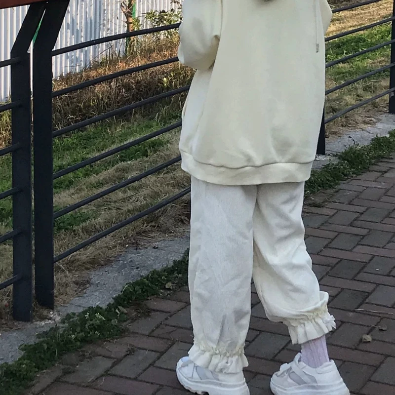 Japanese Lolita Womens Kawaii High Waist Corduroy Pants Sweet Bow Ruffles Wide Leg Sweatpants Girly Clothing Loose Cute Trousers