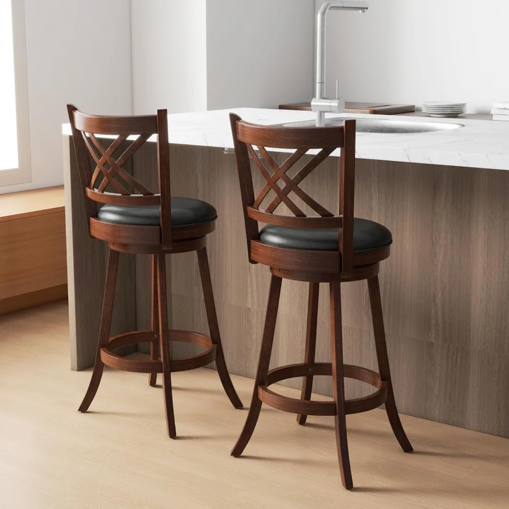 360° Swivel Barstools Set of 2, 29" Bar Height Bar Chairs with Back & Footrest, Upholstered Bar Stools with Rubber Wood Frame