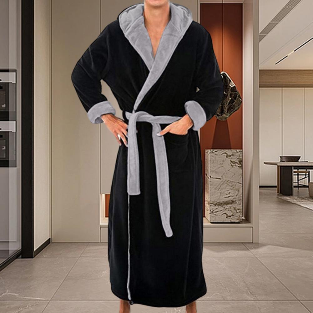 Roupão de banho aconchegante luxuoso masculino com capuz e cinto ajustável ultra macio absorvente masculino robe com bolsos de pelúcia cor sólida