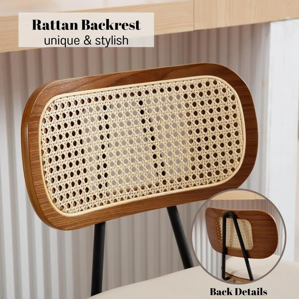 Modern Bar Stools Set of 2 26 Counter Height Barstools with Rattan Back PU Upholstered Kitchen Island Chair with Solid Wood Legs