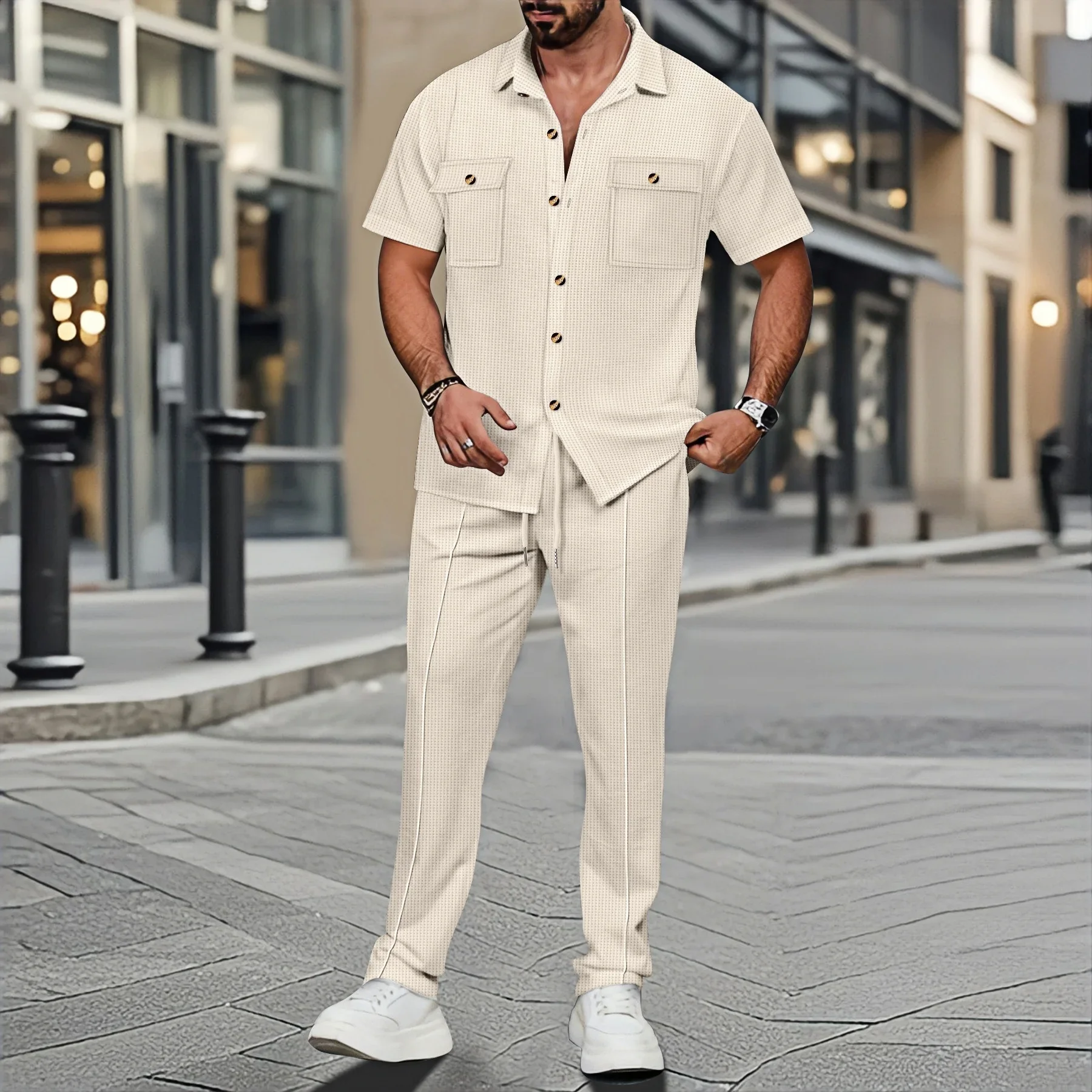 Herren-Freizeitanzug, kurzärmeliges Waffelkaro-Hemd mit Tasche, bequem, einfarbig, Frühlings- und Sommermode, zweiteiliges Set