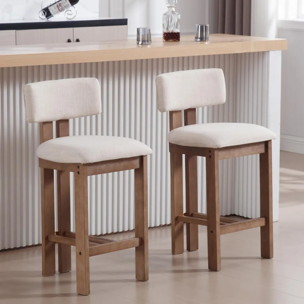 26” Counter Stools Set of 2 Counter Height Bar Stools with Back and Solid Wood Legs Modern Farmhouse Linen Upholstered Kitchen B