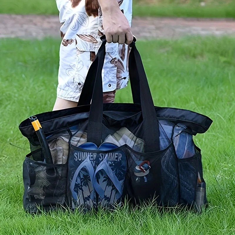 Bolsa de praia extra grande – leve, impermeável, dobrável, com alças de malha, bolsos com zíper e alças fixas