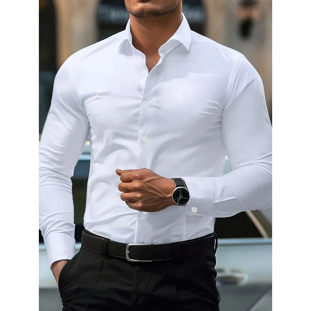 FGKKS Camicia da uomo nuova nuovissima camicia basic di qualità maschile in tessuto elastico a maniche lunghe tinta unita da uomo in più colori