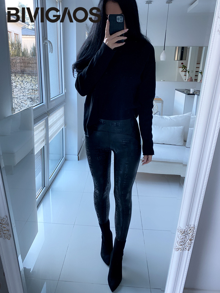 BIVIGAOS 手紙落書きレザーレギンス女性秋冬スリムフリース暖かいレギンスゴシックオートバイ革ペンシルパンツ