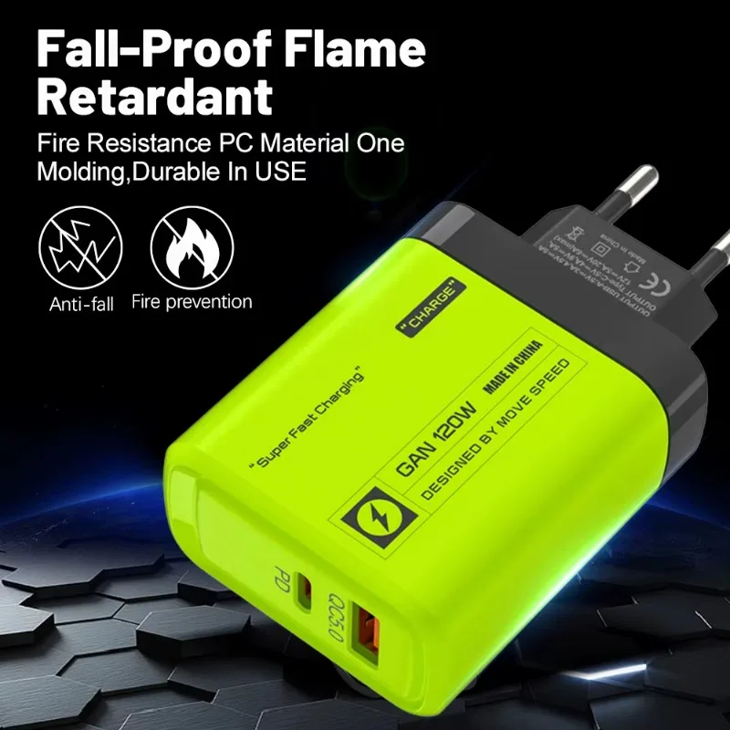 120W USB C 2Ports Charger Kit Green Wall Plug EU/US Adapter Fast Charging For iPhone iPad Samsung Xiaomi USB Type C Data Cables