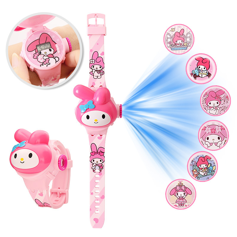 3D รูปแบบโปรเจคเตอร์ Hello Kitty นาฬิกาเด็กการ์ตูนใหม่ Kuromi LED นาฬิกาของเล่นเด็กสายรัดข้อมือนาฬิกาของขวัญ