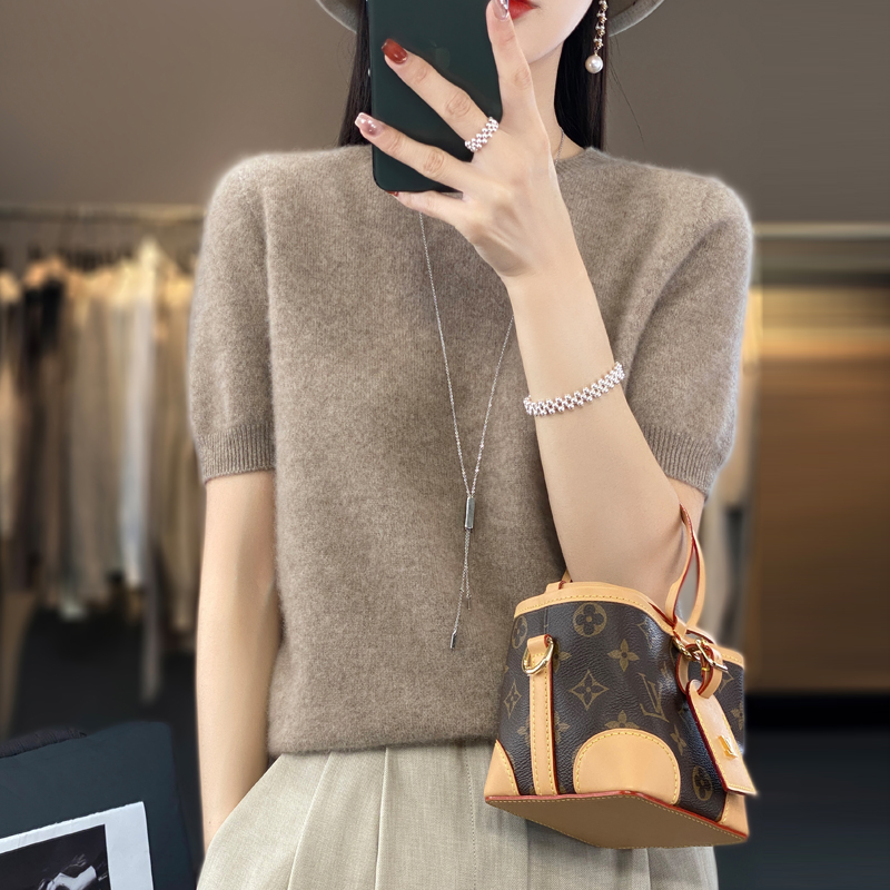 Suéter de cachemira de media manga corta para mujer, jersey de cuello redondo de lana merino pura 100% a la moda