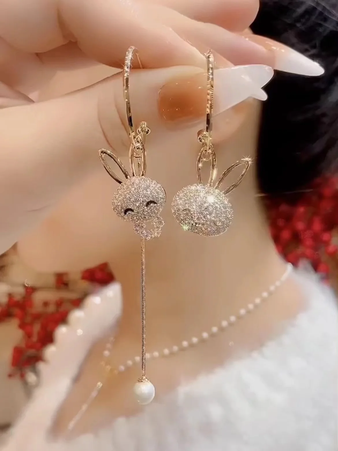  IA BEAR925 Brincos fs de prata pura assimétrica com orelha de coelho versátil e joias de prata da moda
