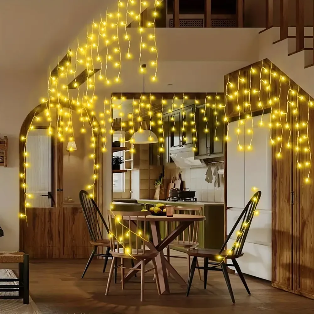 3.5M/7.5M 160Leds พลังงานแสงอาทิตย์ Icicle String ไฟในร่มกลางแจ้งกันน้ําตกแต่ง Light Yard Garden Party งานแต่งงานผ้าม่านแสง
