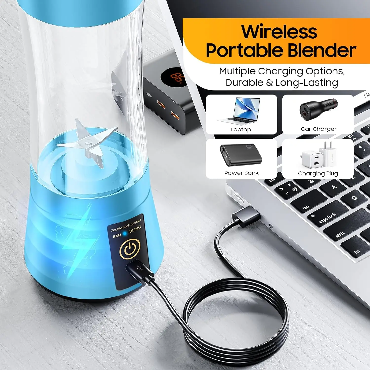 Taza exprimidora de frutas y verduras de viaje, licuadora portátil recargable por USB, minilicuadora de potencia de corte fuerte con 6 cuchillas, 380Ml
