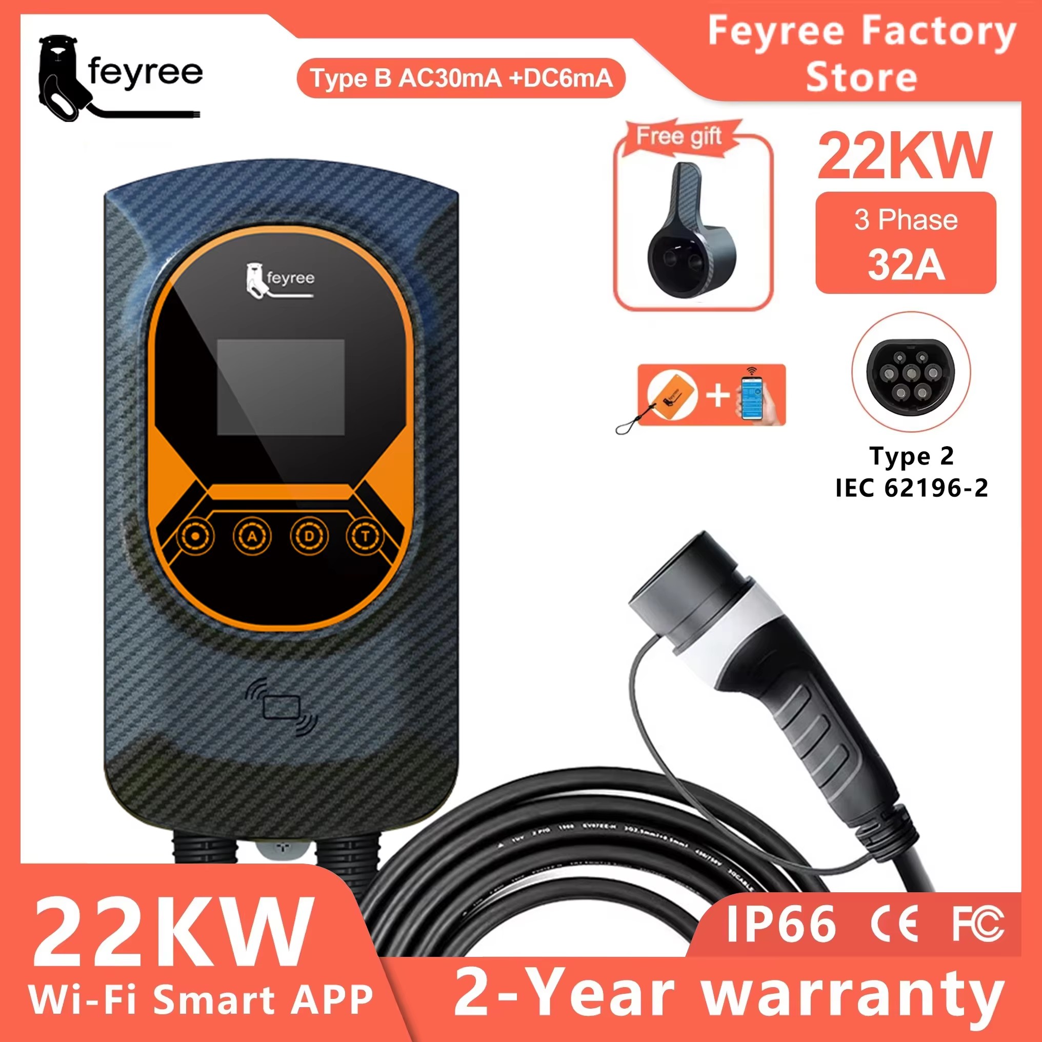 Feyree EV Laadstation 32A Elektrische Voertuig Autolader EVSE Wallbox Wallmount 7.6/11/22kW Type2 Kabel IEC62196 APP Controle
