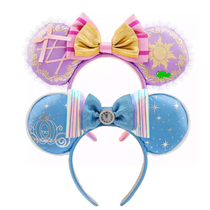 Disney Mickey Mouse หูแถบคาดศีรษะ 2025 Cinderella Rapunzel เจ้าหญิงโบว์ Minnie หู Headwear สําหรับผู้ใหญ่เด็กวันหยุด Hairband