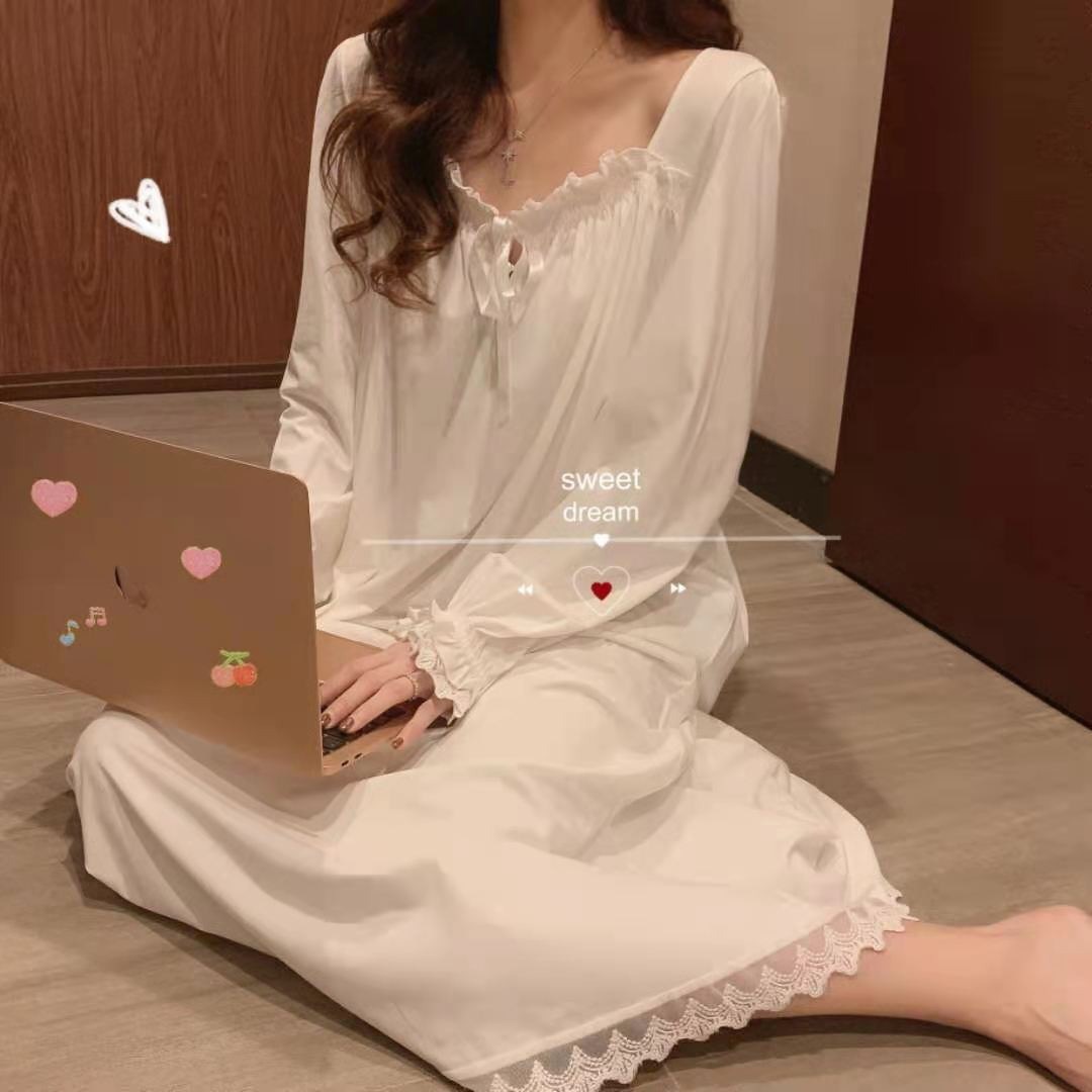 長袖プリンセススタイル寝間着女性のパジャマレース宮殿韓国語バージョンルーズプラスサイズ 2024 新しいホームウェア誕生日ギフト