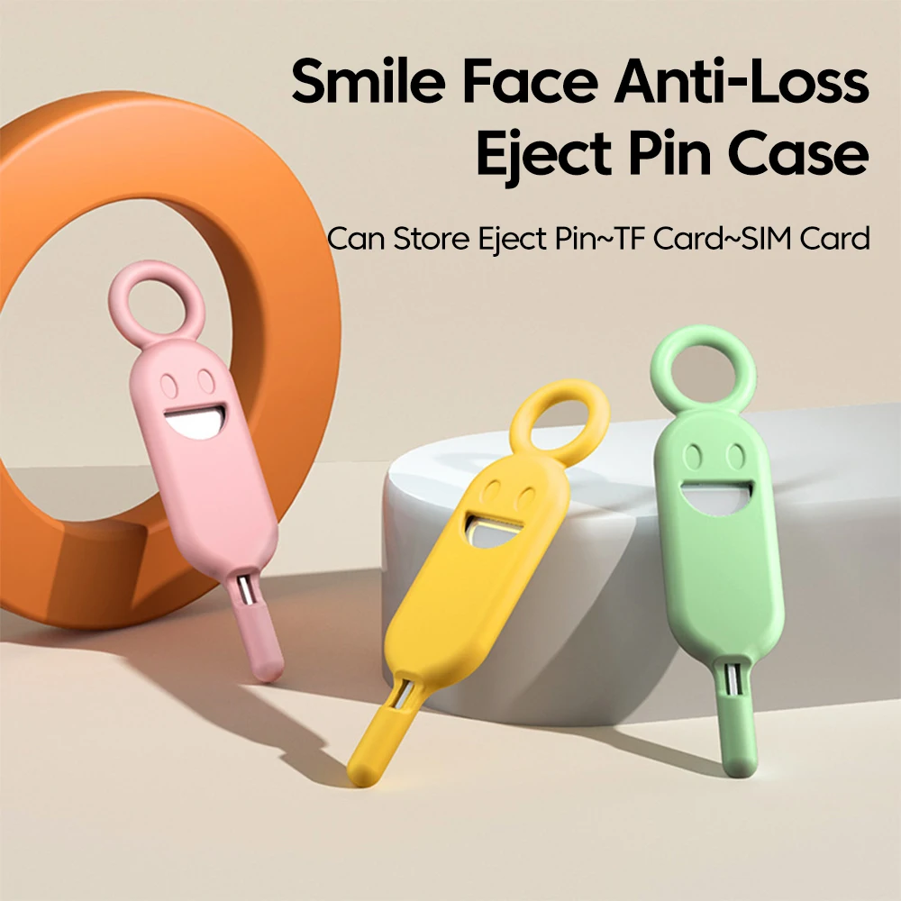 Smile Face Anti-Loss Eject Pin Case Memory SIM Card Holder Portable SlM Long Card Pin Keychain Ring