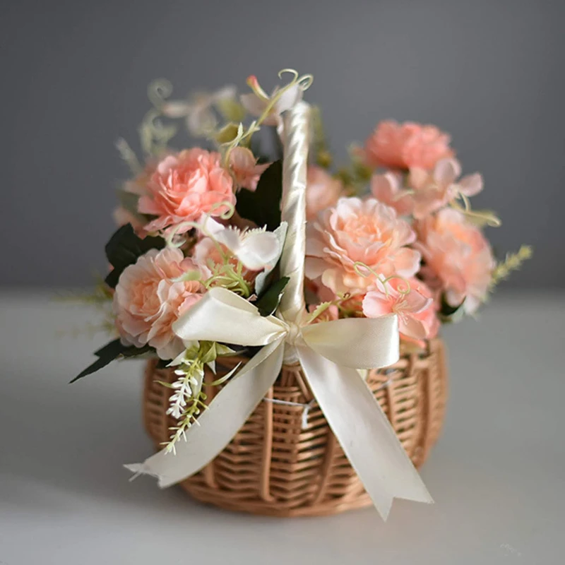Portaoggetti fatto a mano Cestini di fiori intrecciati Cesto portaoggetti in rattan Cesto di fiori per ragazza per la decorazione domestica di nozze