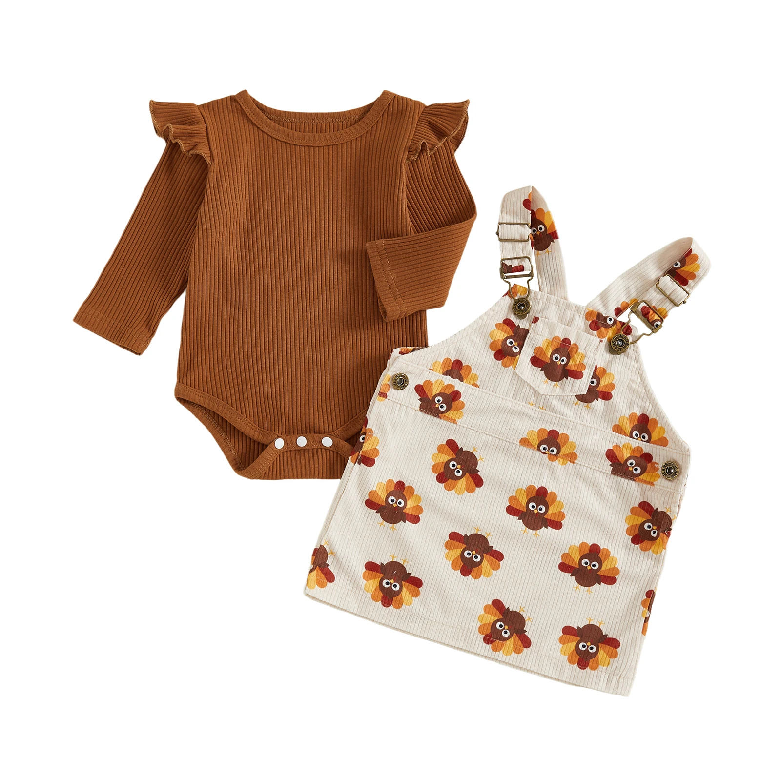 Pakaian Thanksgiving Bayi Perempuan 2 Potong Baju Monyet Lengan Panjang Set Gaun Keseluruhan Pakaian Musim Gugur Bayi Baru Lahir