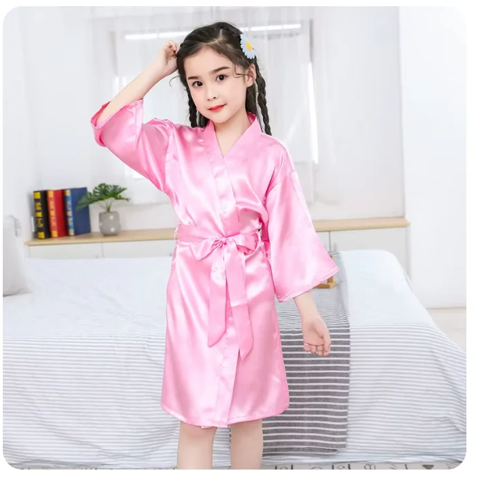 Roupões de banho rosa para meninas, roupa de dormir de cetim de seda para crianças, camisola de verão para meninas, roupa de dormir, kimono, casamento, spa, vestido de festa