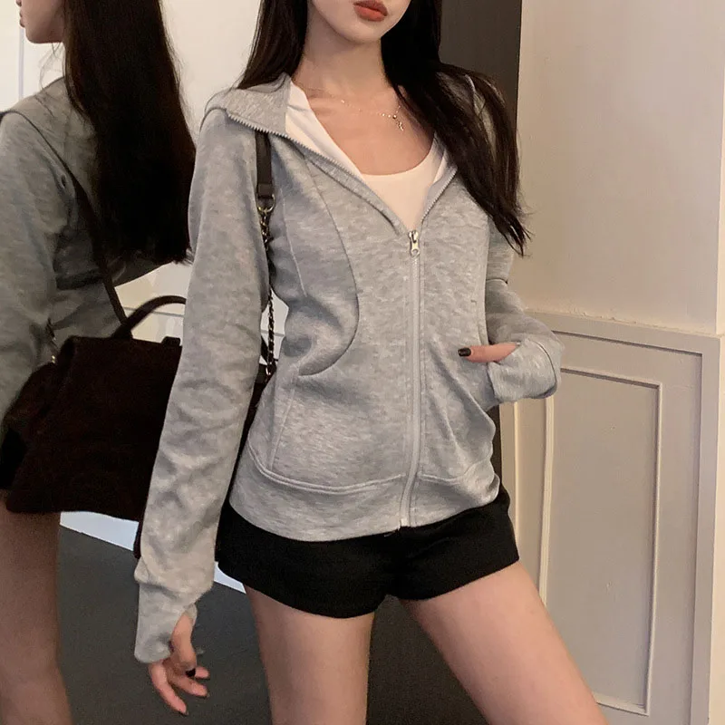 Cinza zíper moletom com capuz feminino 2025 novo coreano fino ajuste cardigan manga longa casaco mulher bolsos sólidos esportes hoodies jaqueta