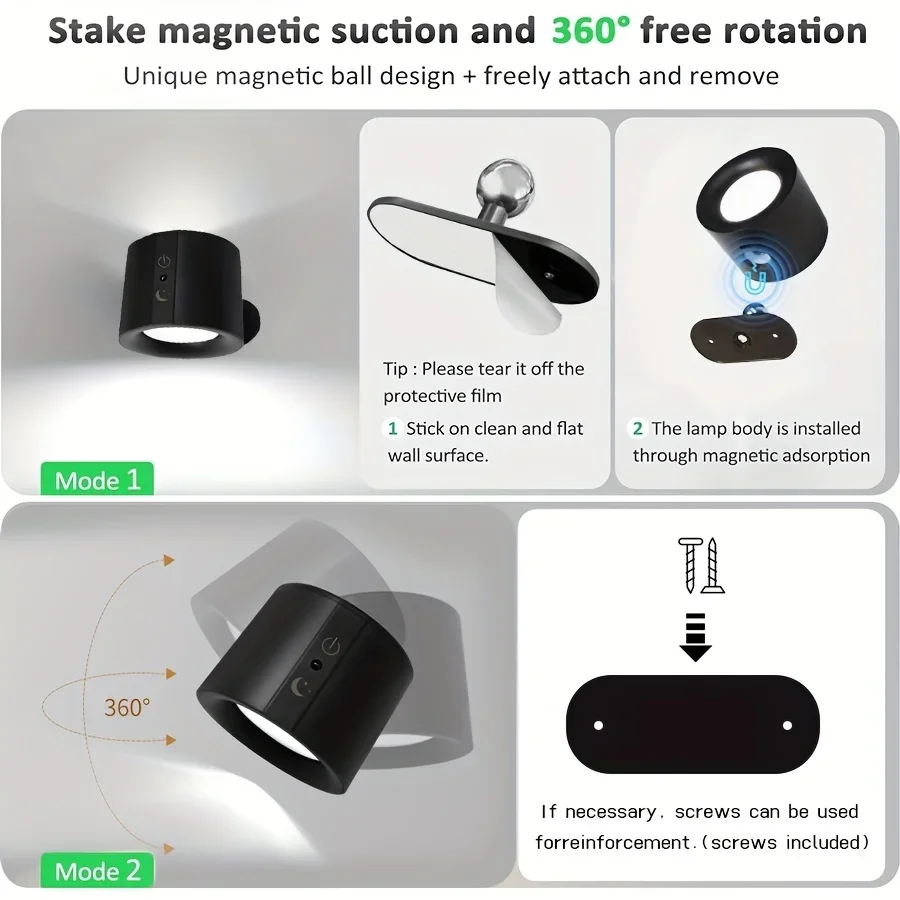 Lámpara de pared LED magnética de doble cabezal recargable 360 °   Foco de control remoto inalámbrico de rotación para decoración de dormitorio y sala de estar