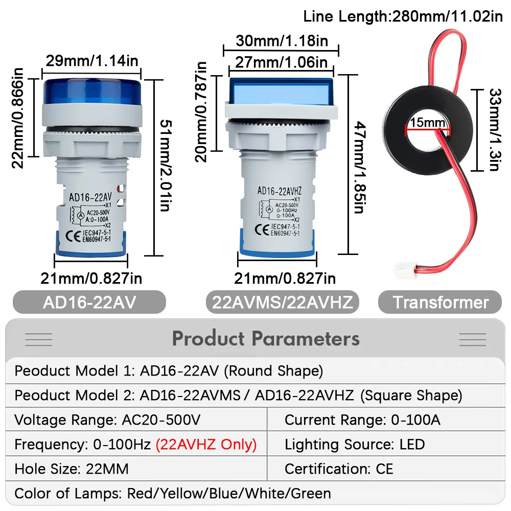 AC 20-500V 1-100A LED voltímetro digital amperímetro Hertz HZ luces de señal 220V medidor de corriente de voltaje voltios amperios probador Detector rojo