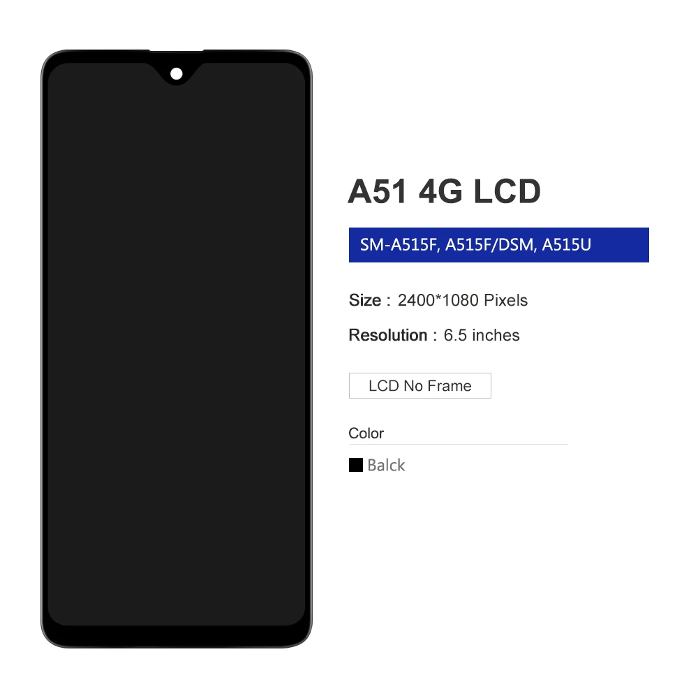 6.5 ''สำหรับ AMOLED สำหรับ Samsung A51 SM-A515FN /ds A515จอแสดงผล LCD ทัชสกรีน Digitizer พร้อมกรอบสำหรับ Samsung A51 LCD
