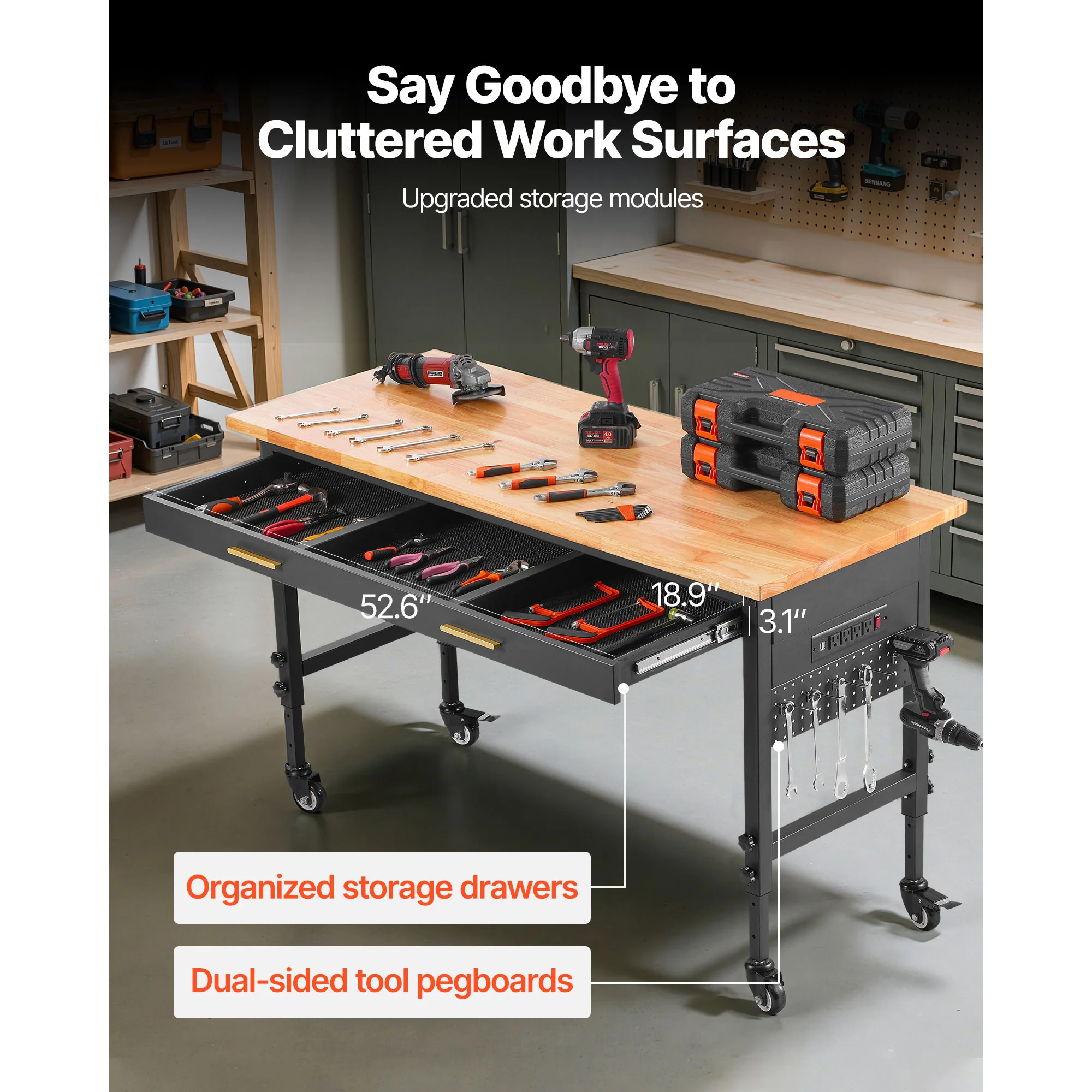 SucceBuy 1500 lbs Adjustable Garage Workbench with Drawer & Pegboard Oak Wood Top Work Table Bench for Workshop Office Working