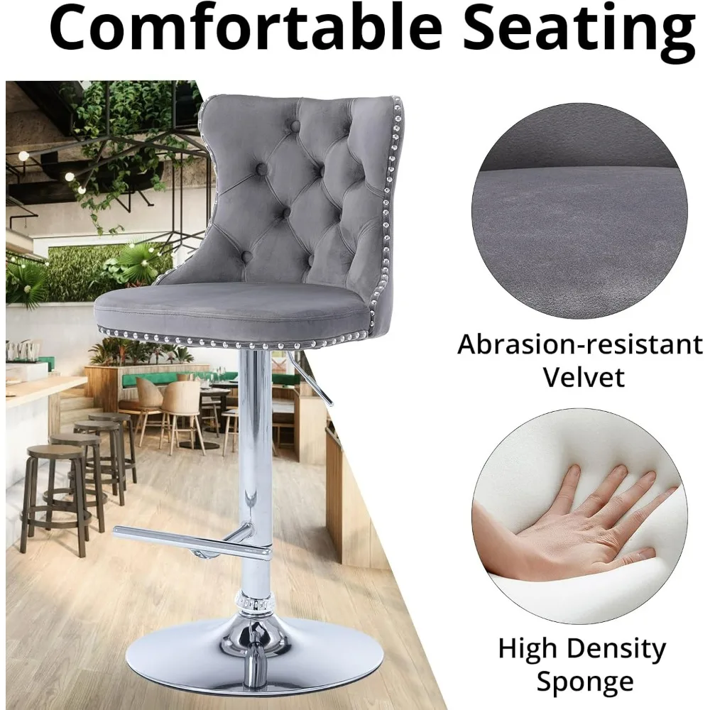 Swivel Bar Stools Set of 4, Barstools with Nailheads Trim, Button Tufted Back and Footrest, Velvet Upholstered Bar Chairs