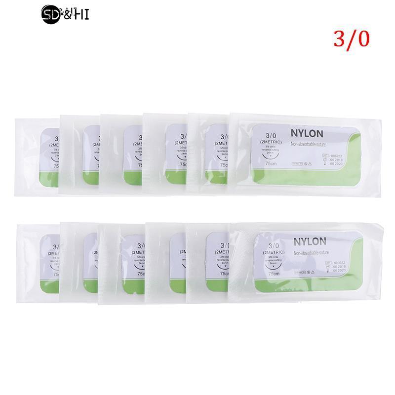 12 шт., 2/0, 3/0, 4/0, игольчатый шов, нейлоновый монофиламент, неповрежденный шов, медицинская нить, шов для быстрого использования