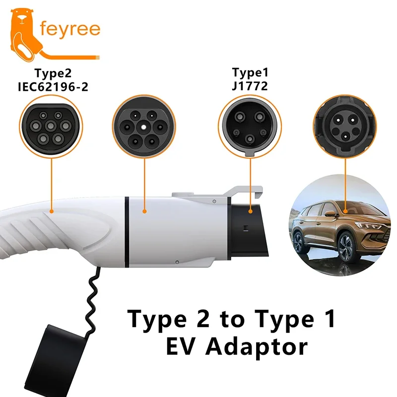 Адаптер зарядного устройства для электромобилей feyree Type2 IEC62196-2 на Type1, автомобильная розетка для зарядки, адаптер зарядного устройства переменного тока, 32 А, 1 фаза, 3,5 кВт, 7 кВт, максимальный электромобиль