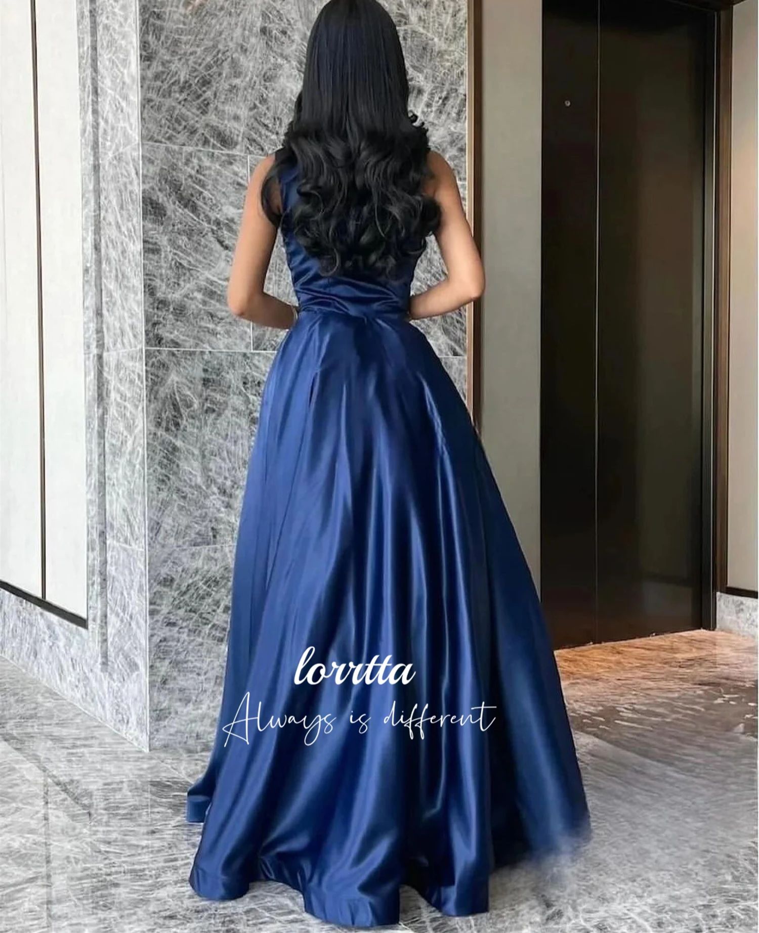 Luxe vrouw dames avondjurk donkerblauw satijn glitter trim lijn een afstuderen jurken feest elegant prom bruiloft aangepast