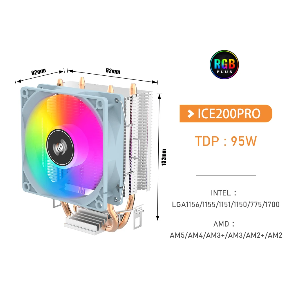 Aigo-cpu refrigerador ice200pro, 2 heatpipes, ventilador pwm de 3 pinos, silencioso, para intel 11x, 1200, 1700, am4, am5, amd