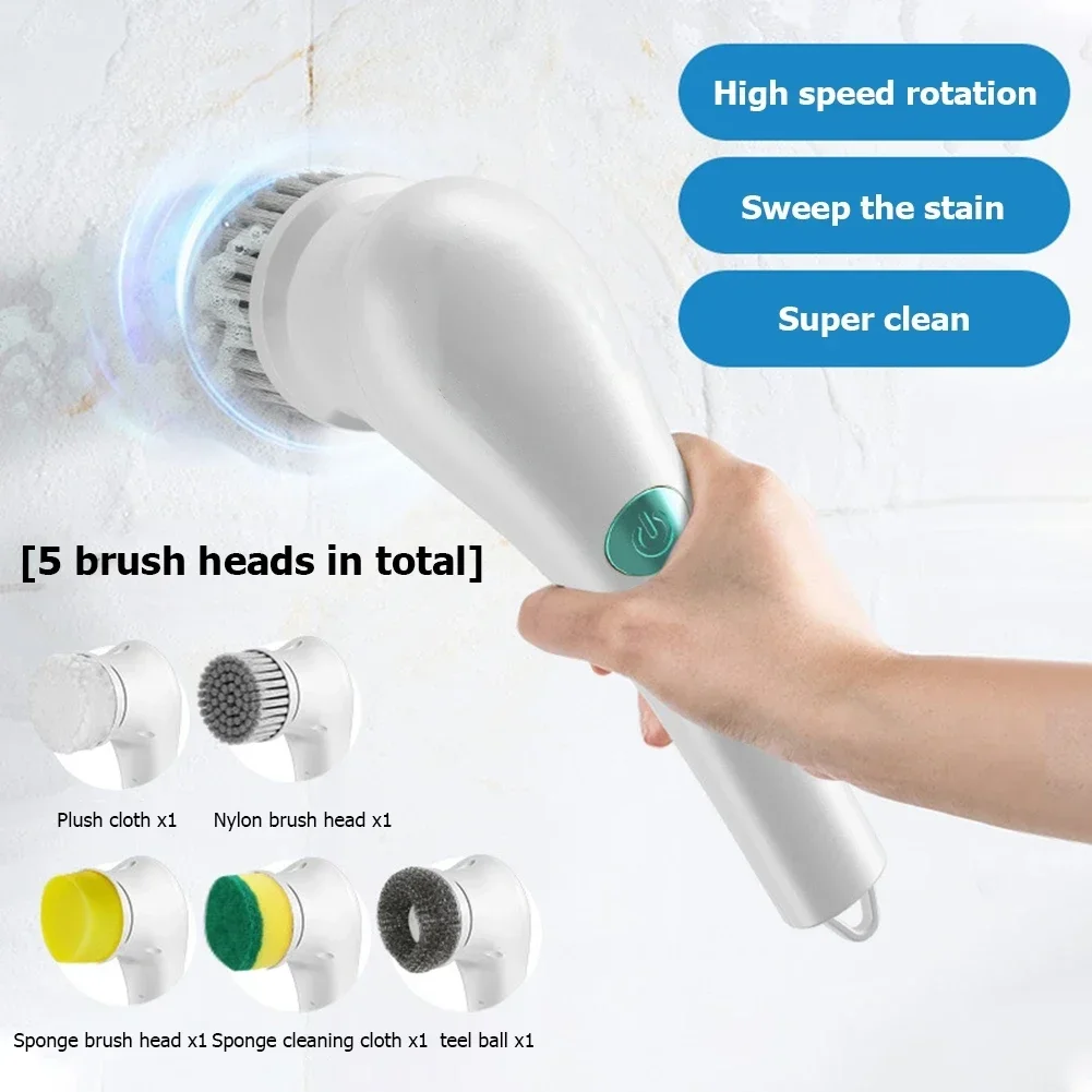 แปรงทําความสะอาดไฟฟ้าในครัวเรือนไร้สาย 5-in-1Multifunction USB ชาร์จห้องน้ําเครื่องมือทําความสะอาดห้องครัวอุปกรณ์แปรงล้าง